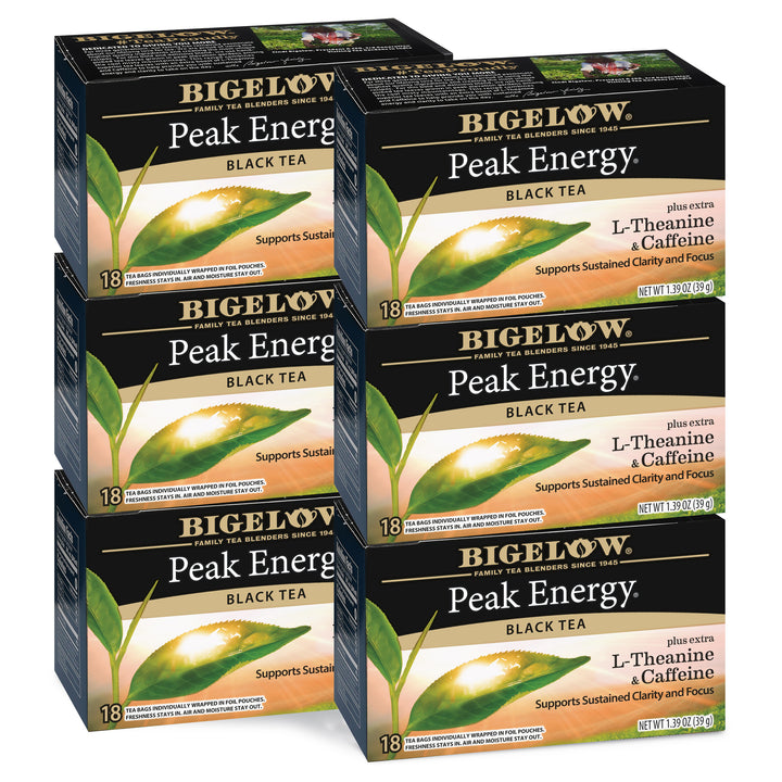 Five boxes of Bigelow Peak Energy Black Tea on a white background