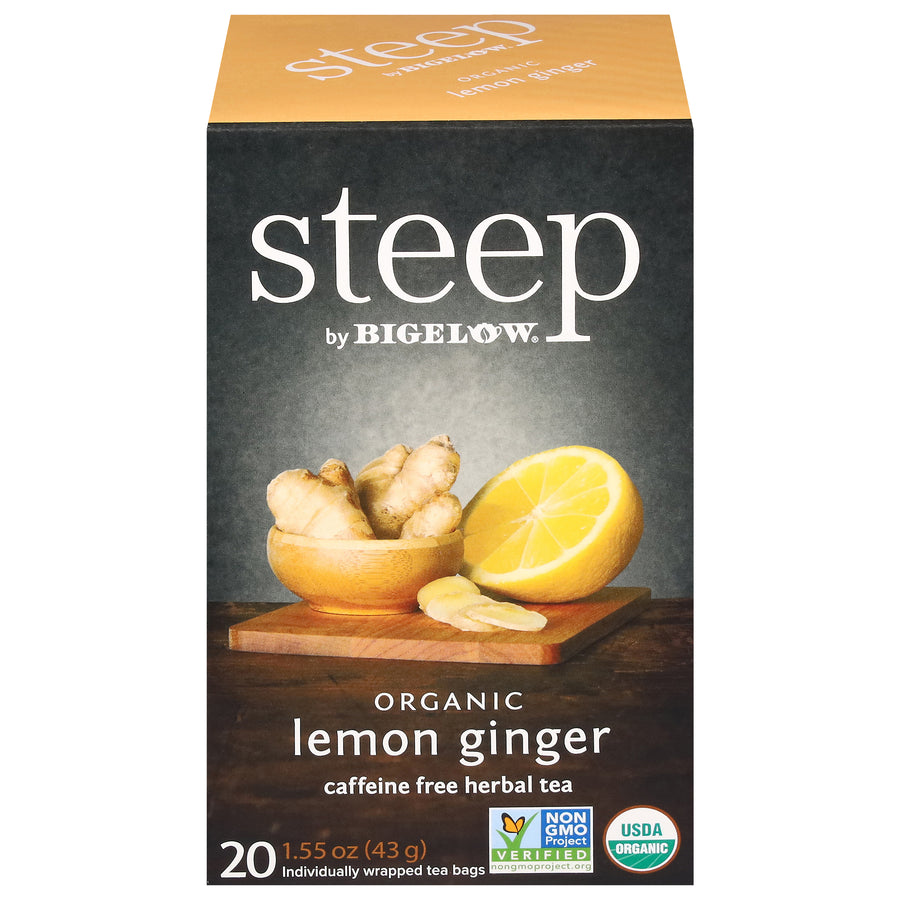 Front of steep by Bigelow Organic Lemon Ginger Herbal Tea box of 20 tea bags