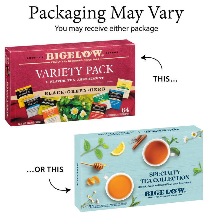 Two Bigelow tea packaging options on a white background with text indicating variety.
