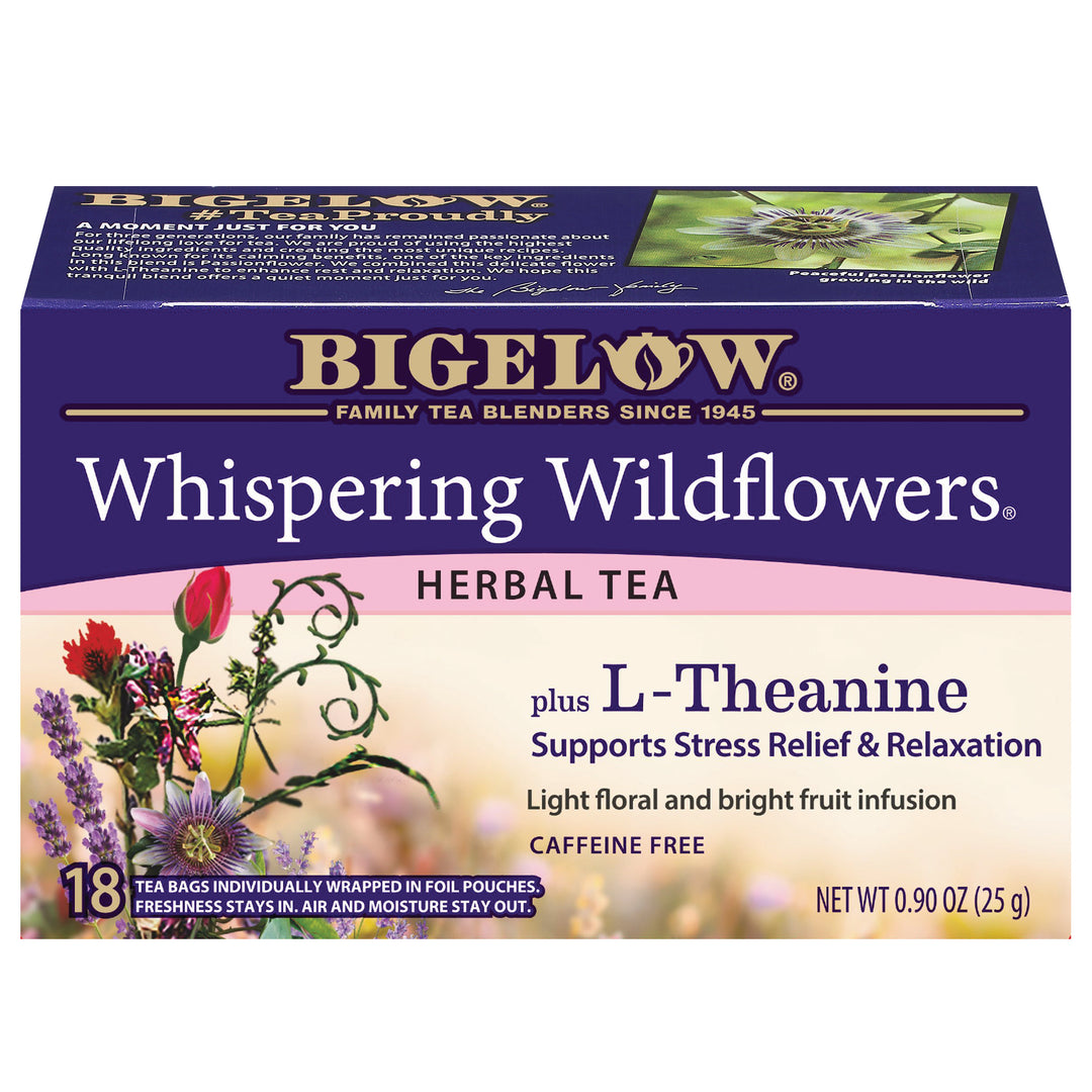 Bigelow Whispering Wildflowers herbal tea box on a white background