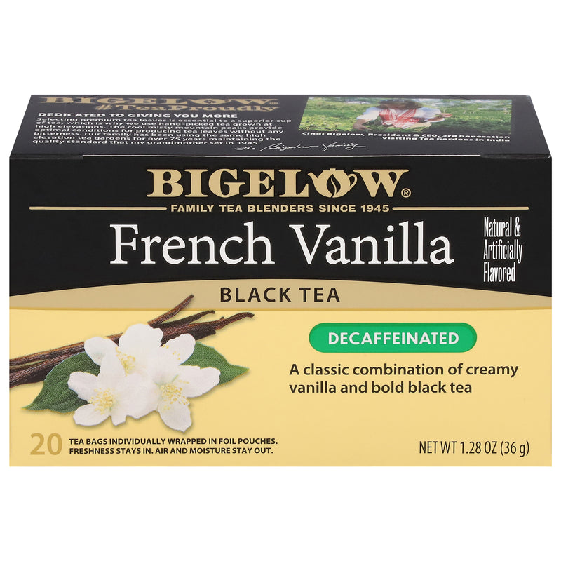 Front of French Vanilla Black Tea Decaffeinated box - box of 20 tea bags