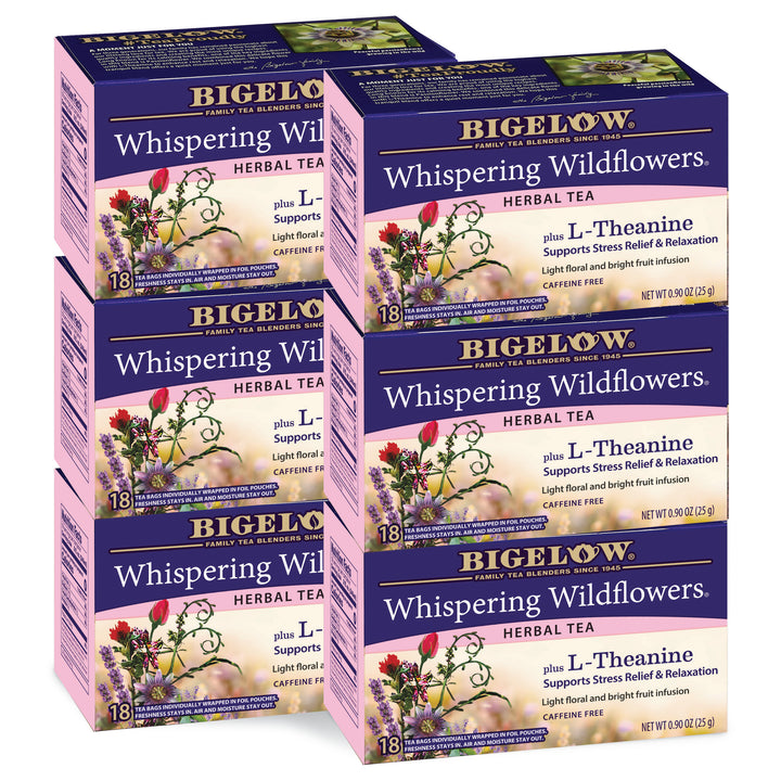 Multiple boxes of Bigelow Whispering Wildflowers herbal tea on a white background