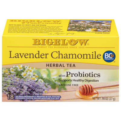 Front of Lavender Chamomile plus Probiotics Herbal Tea box