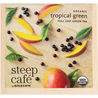 steep cafe by Bigelow organic full leaf tropical green tea pyramid bag in overwrap