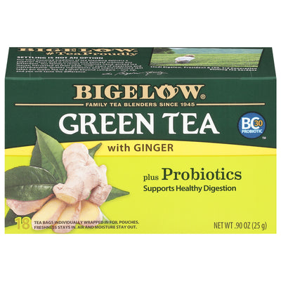 Front of Green Tea with Ginger Plus Probiotics Box - 20 tea bags per box