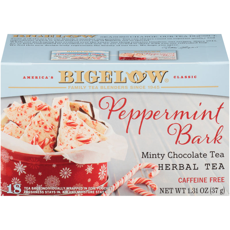 Front of Peppermint Bark Minty Chocolate Herbal Tea box