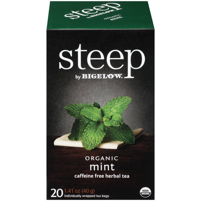 Front of steep by Bigelow Organic Mint Herbal Tea Box of 20 tea bags