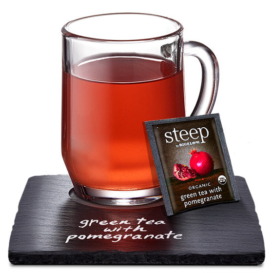 Cup of steep by bigelow organic green tea with pomegranate tea