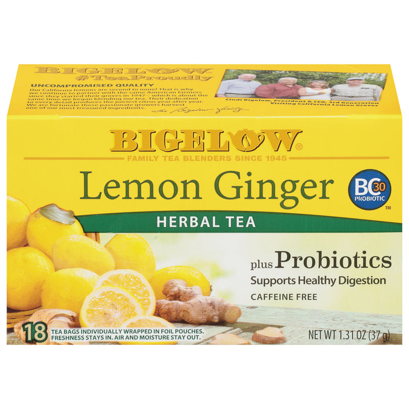 Front of Lemon Ginger Herbal Tea Plus Probiotics box