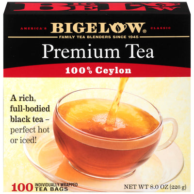 Front of Premium 100 percent Ceylon Tea box of 100 tea bags