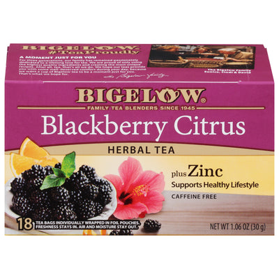 Front of Blackberry Citrus Herbal Tea plus Zinc box, 18 tea bags per box