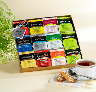 Assorted Bigelow Teas in gold gift box with clear lid