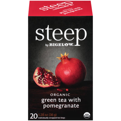 Front of steep by Bigelow Organic Green Tea and Pomegranate Box of 20 tea bags