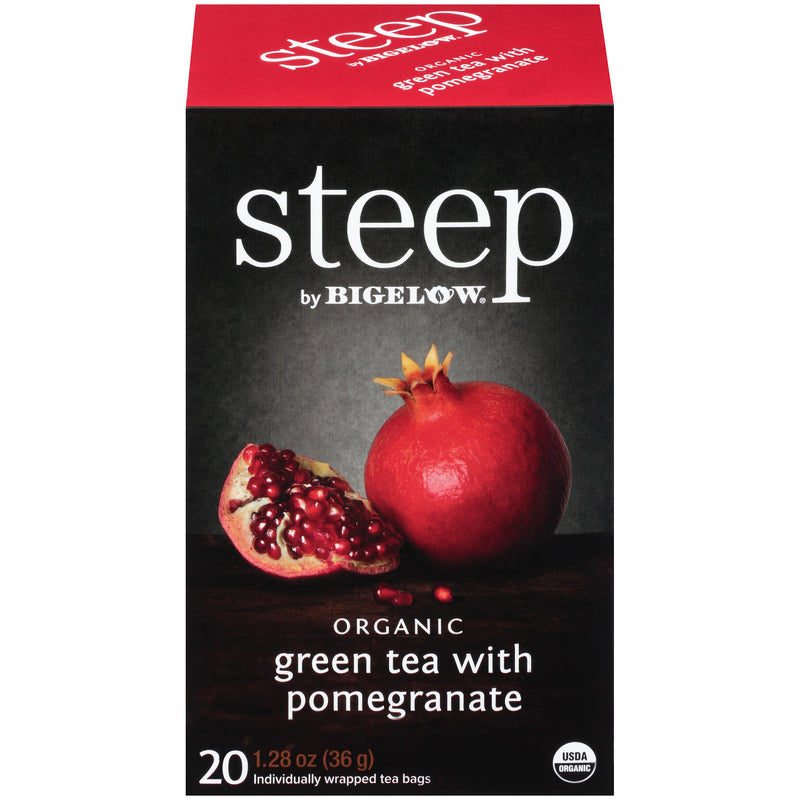 Front of steep by Bigelow Organic Green Tea and Pomegranate Box of 20 tea bags