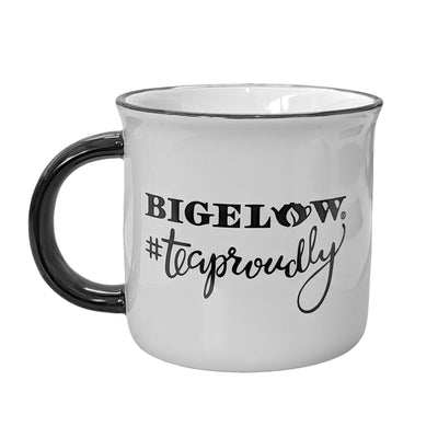 White with black handle mug with Bigelow logo and #TeaProudly