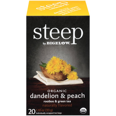 Front of steep by Bigelow Organic Dandelion and peach Rooibos and Green Tea Box of 20 tea bags