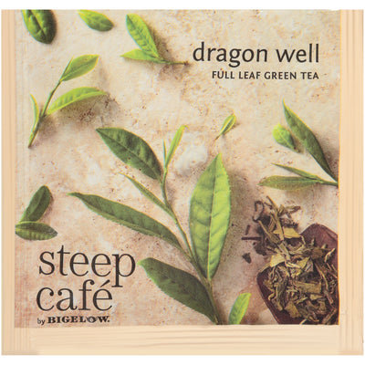 steep cafe by Bigelow full leaf dragonwell green tea pyramid bag in overwrap