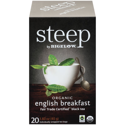 Front of steep by Bigelow Organic English Breakfast Tea box of 20 tea bags