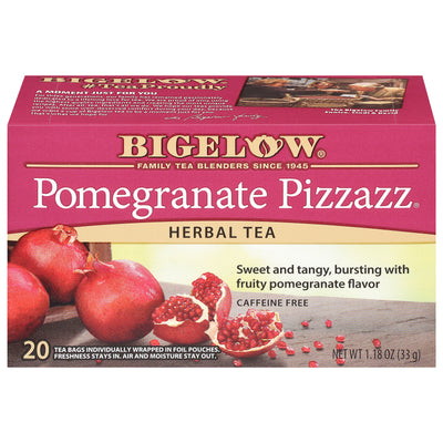 Front of Pomegranate Pizzazz Herbal Tea box