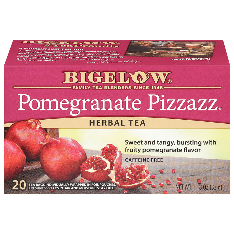 Front of Pomegranate Pizzazz Herbal Tea box