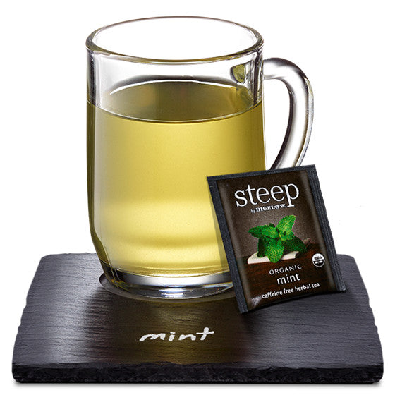 Cup of steep by bigelow organic mint herbal tea