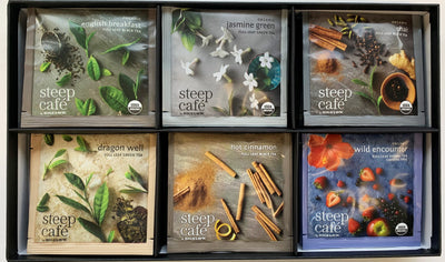 steep Cafe Sampler box showing 6 flavors of tea