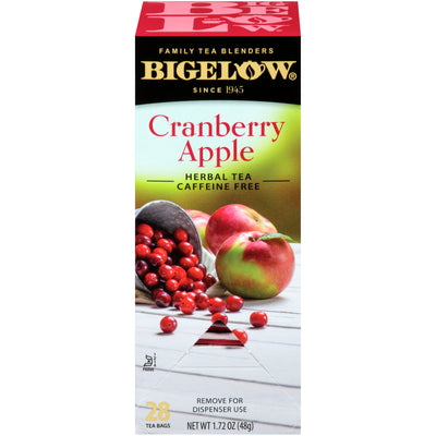 Left facing image of Cranberry Apple Herbal Tea Box of 28 tea bags
