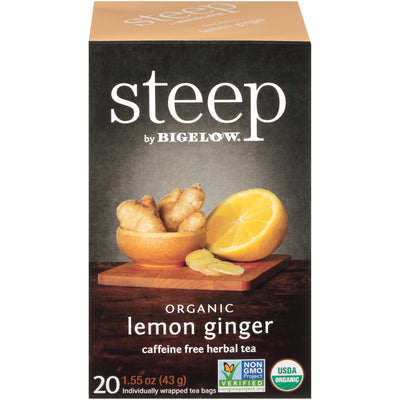Front of steep by Bigelow Organic Lemon Ginger Herbal Tea box of 20 tea bags