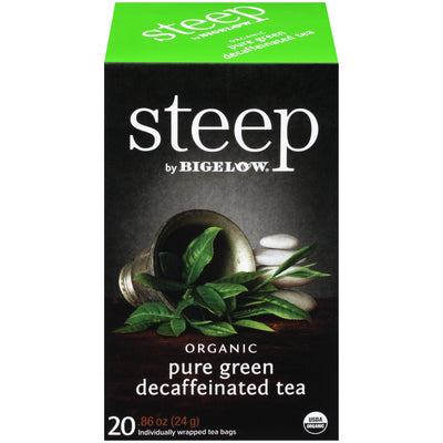Front of steep by Bigelow Organic Pure Green Decaffeinated Tea Box of 20 tea bags