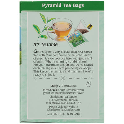  Ingredient panel of Charleston Tea Wadmalaw Island Green Tea with Mint Box of tea