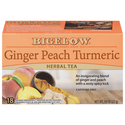 Front of Ginger Peach Turmeric Herbal Tea box