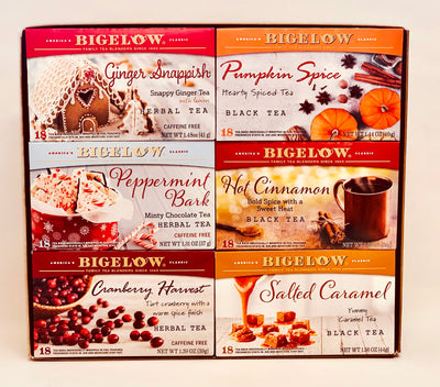 6 Boxes of Bigelow Seasonal Teas with gold gift box and clear lid