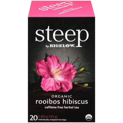 Front of steep by Bigelow Organic Rooibos Hibiscus Herbal Tea Box of 20 tea bags