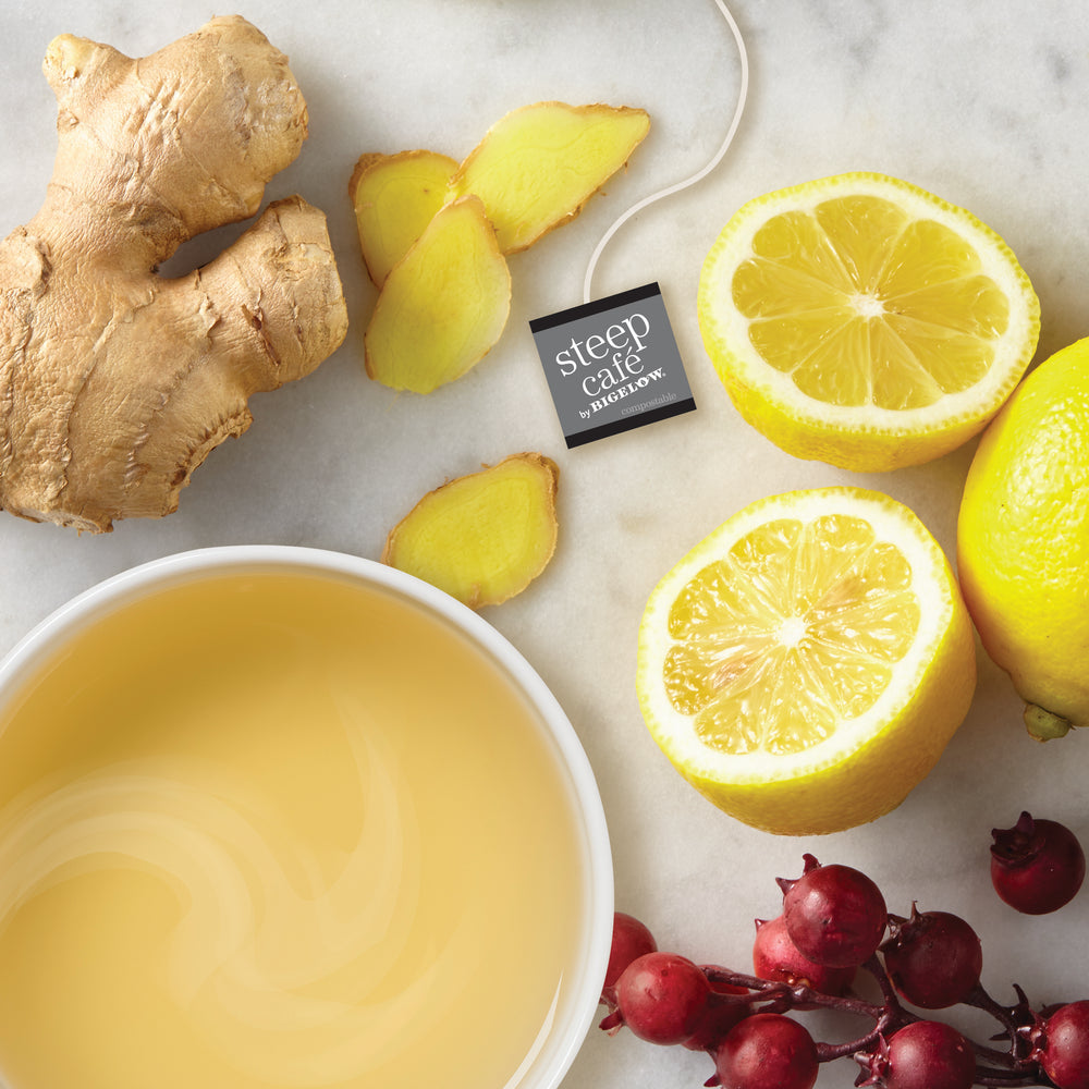 Cup of steep cafe by Bigelow organic full leaf lemon ginger herbal tea 