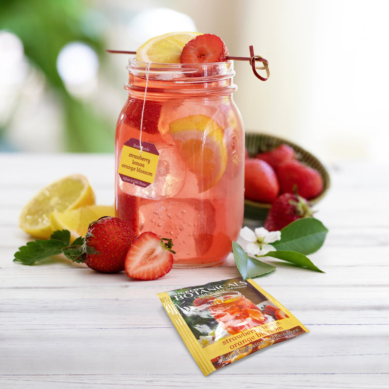 Mason jar filled with Strawberry Lemon Orange Blossom Cold Water Infusion